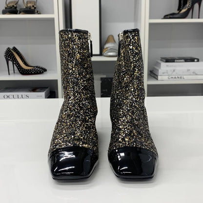 Chanel CC Logo Glitter Patent Short Boots Black — view 4