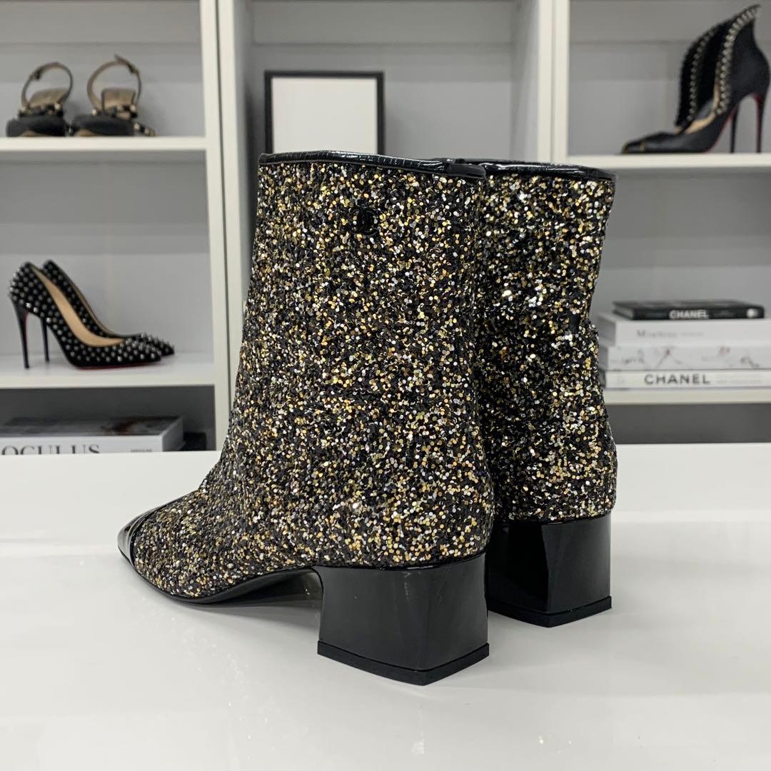 Chanel CC Logo Glitter Patent Short Boots Black — view 5