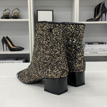 Chanel CC Logo Glitter Patent Short Boots Black — view 5