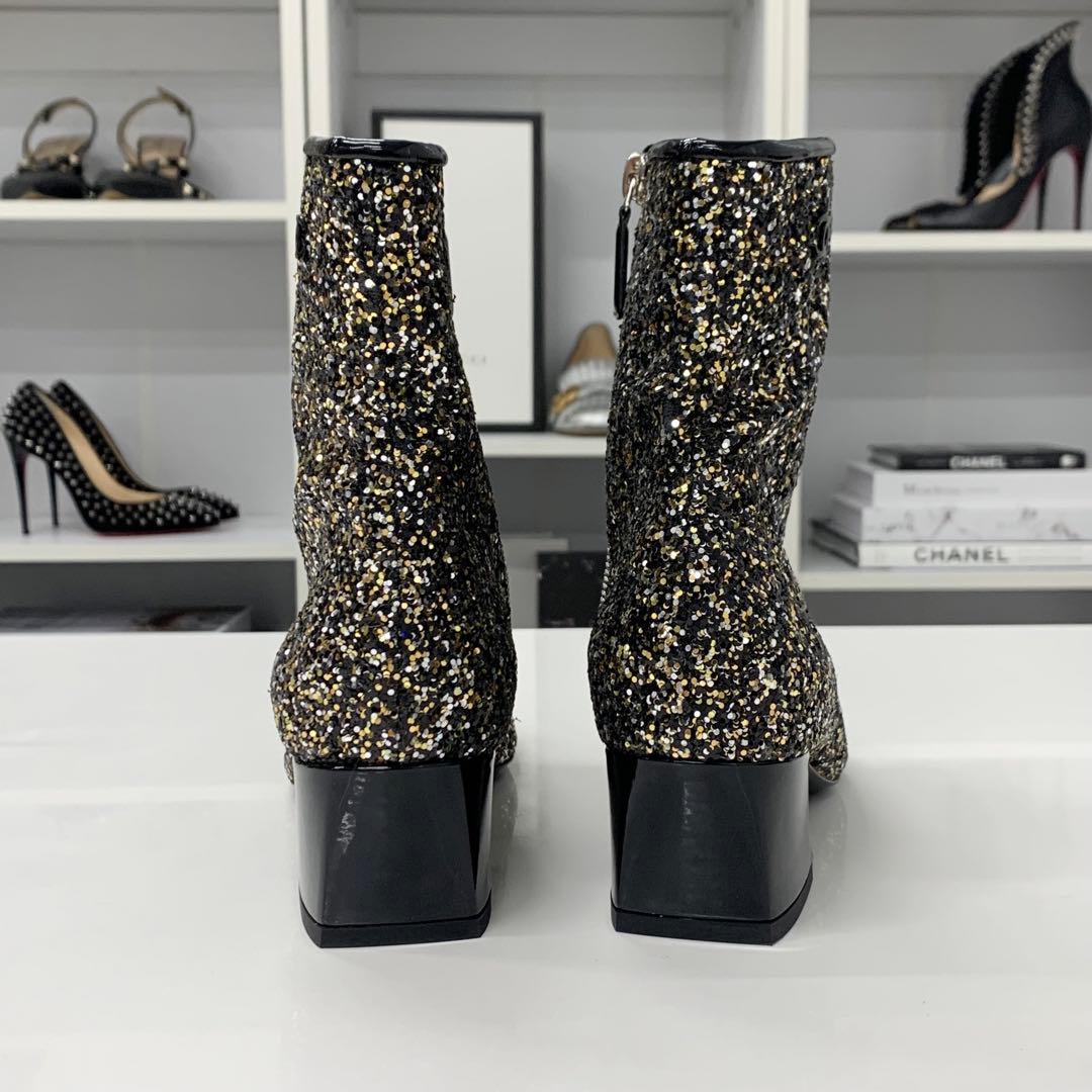 Chanel CC Logo Glitter Patent Short Boots Black — view 6