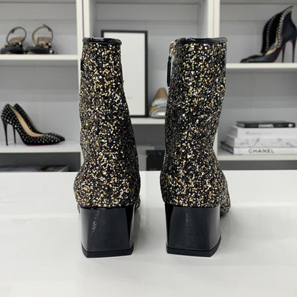 Chanel CC Logo Glitter Patent Short Boots Black — view 6