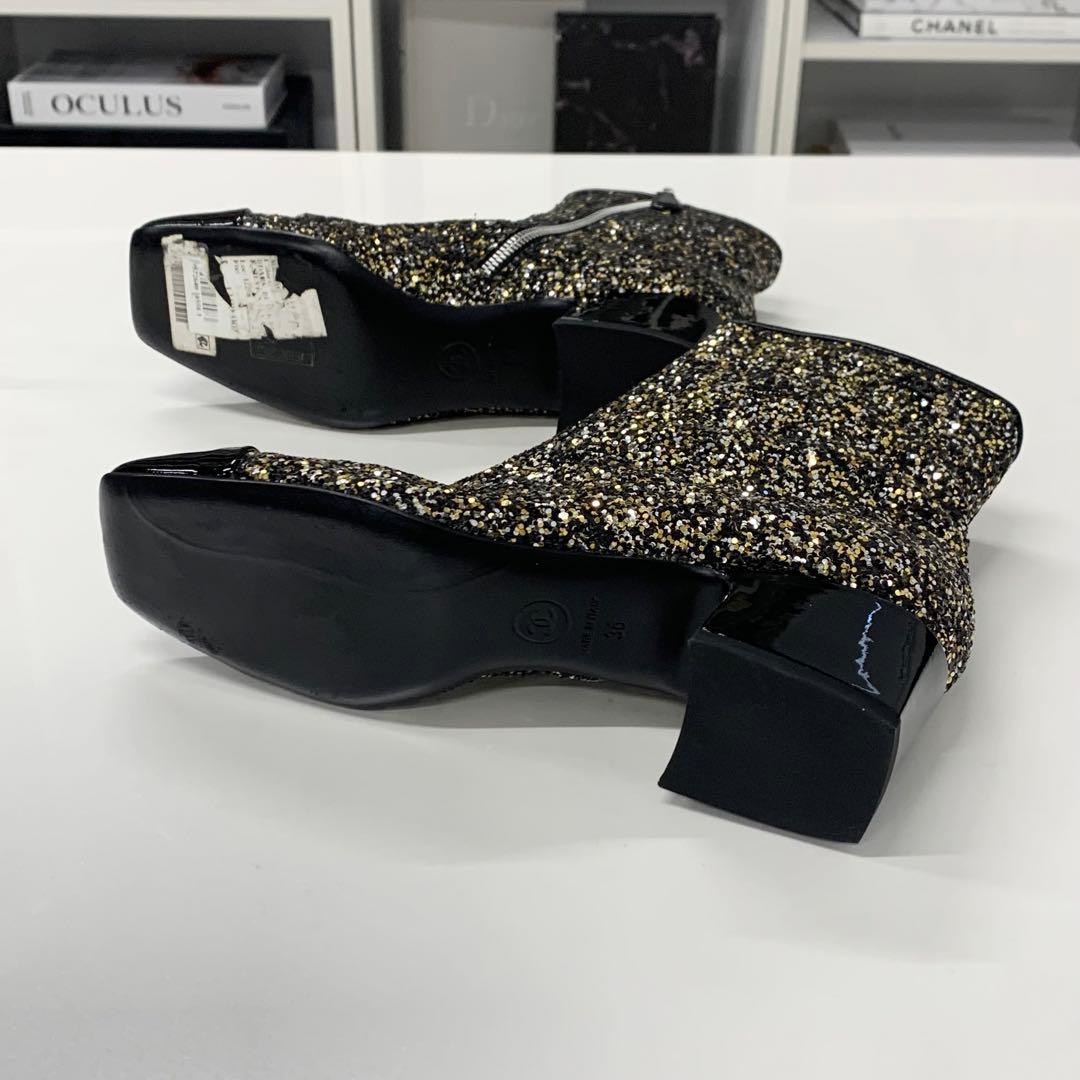Chanel CC Logo Glitter Patent Short Boots Black — view 7