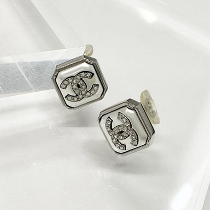 Chanel Earrings CC Logo Square Pearl Rhinestone Silver