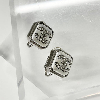 Chanel Earrings CC Logo Square Pearl Rhinestone Silver — view 2