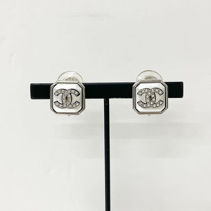 Chanel Earrings CC Logo Square Pearl Rhinestone Silver — view 6
