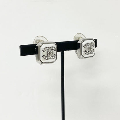 Chanel Earrings CC Logo Square Pearl Rhinestone Silver — view 7