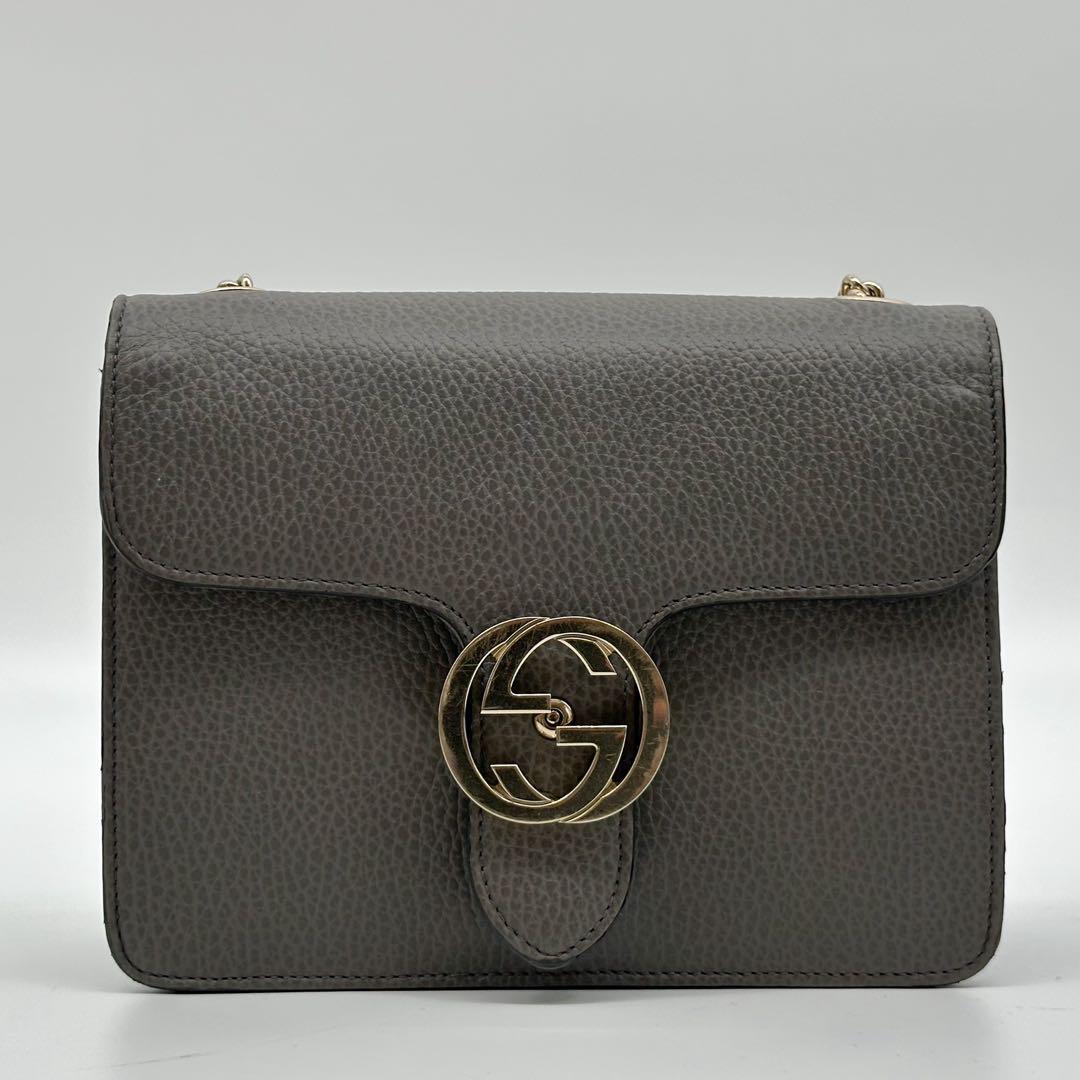Gucci Interlocking Chain Shoulder Bag Gray Leather — view 2