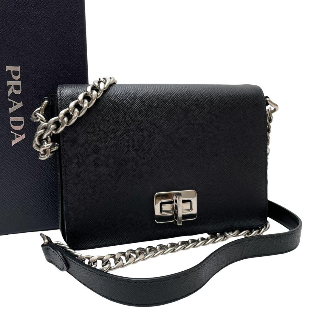 Prada Saffiano Leather Chain Shoulder Bag Black