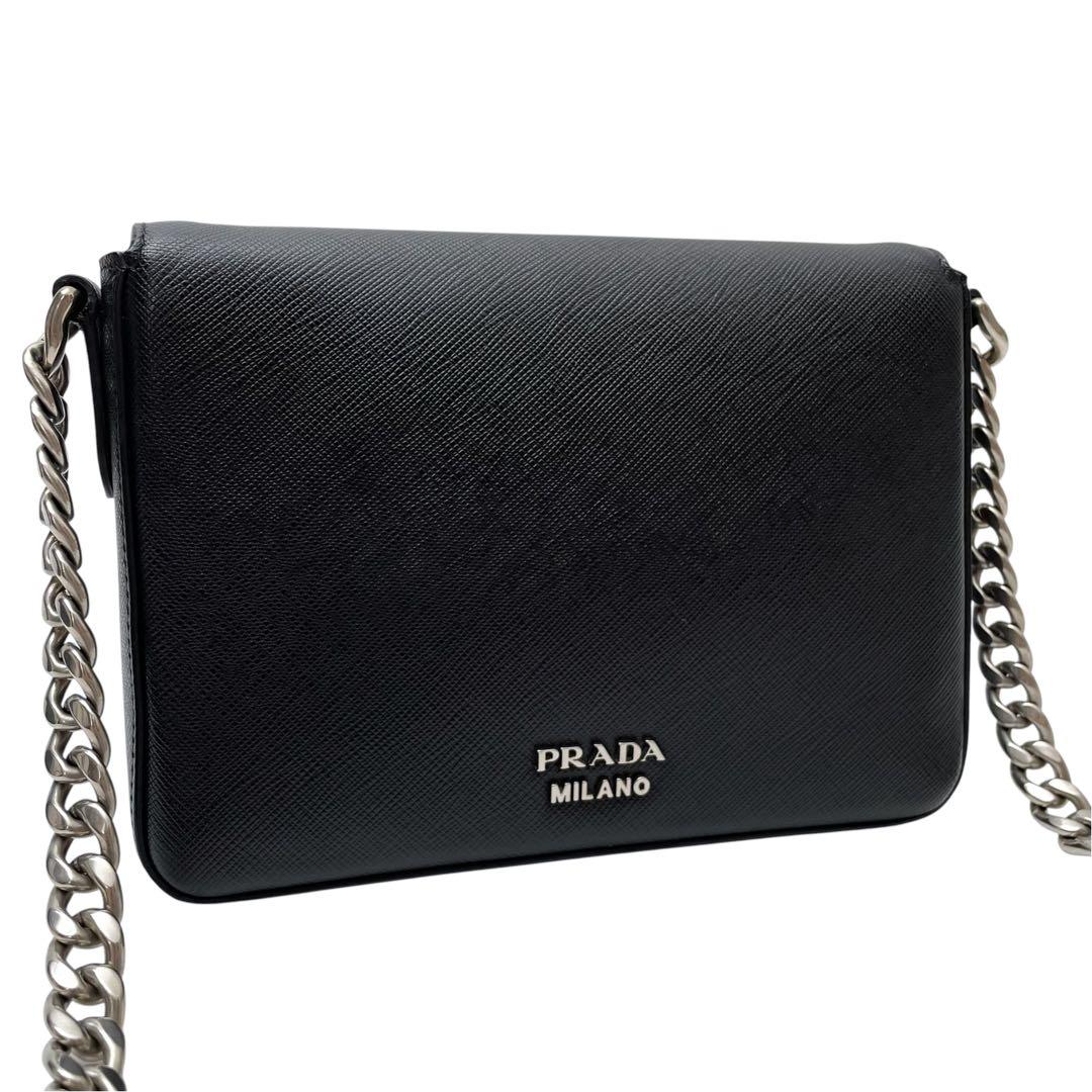 Prada Saffiano Leather Chain Shoulder Bag Black — view 2