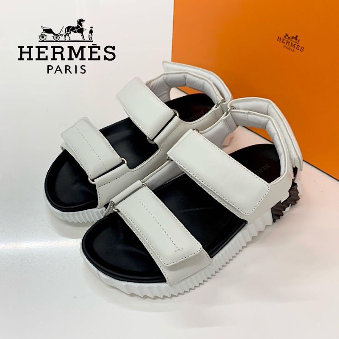 Hermes Junior Logo Leather Velcro Sandals White Black