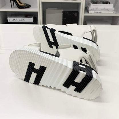 Hermes Junior Logo Leather Velcro Sandals White Black — view 6