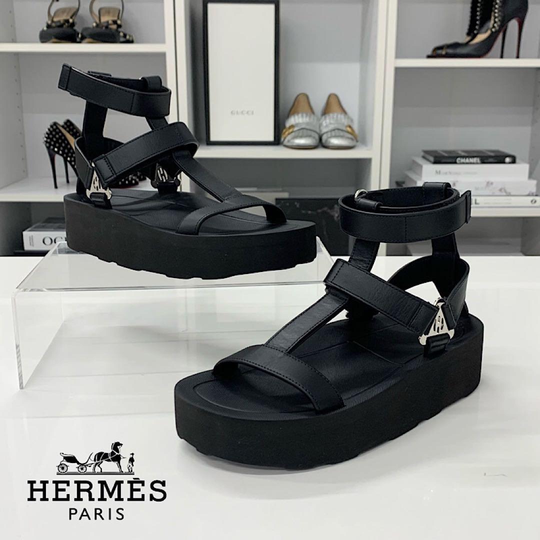 Hermes Enid Leather Diamant Buckle Ankle Strap Sandals