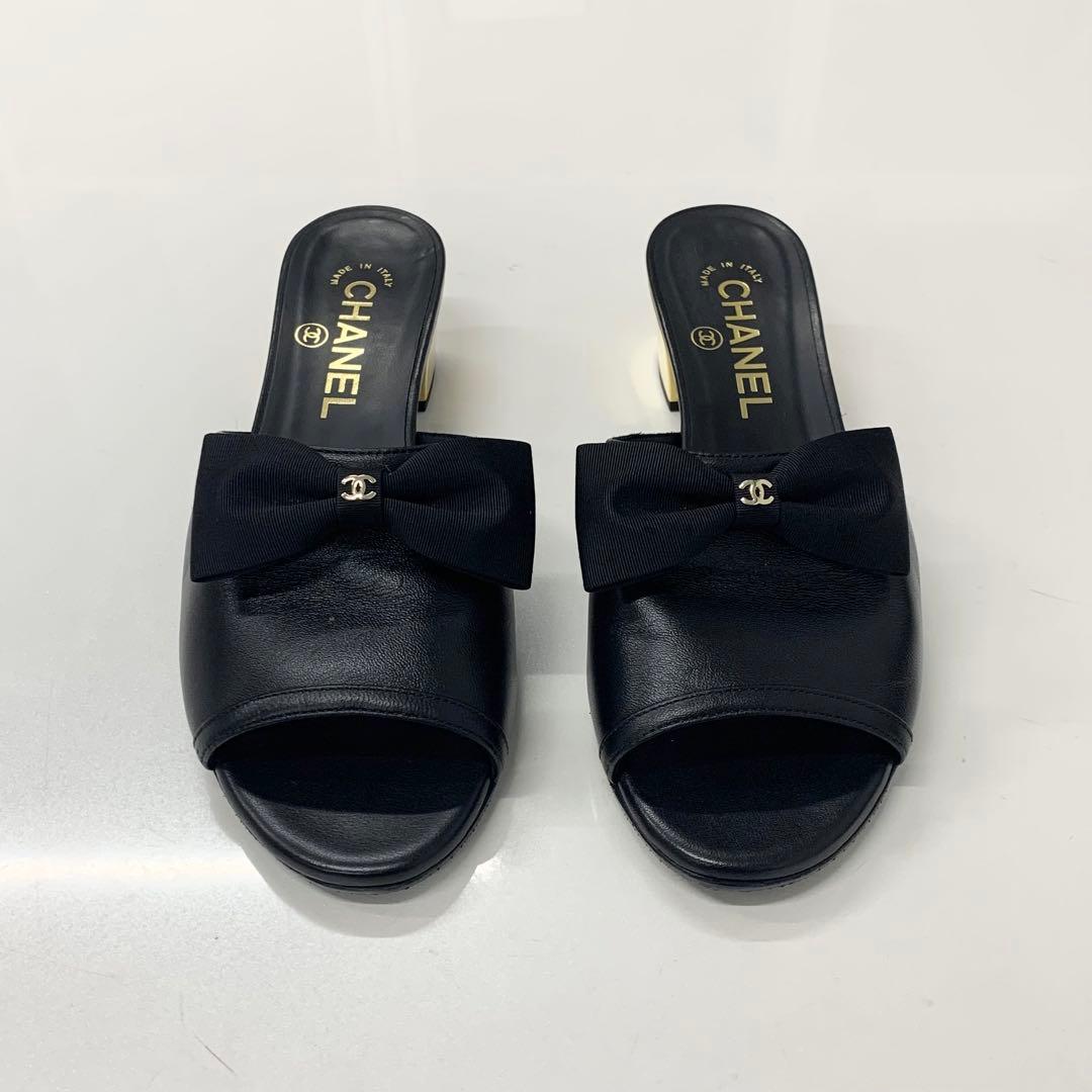 Chanel CC Logo Leather Ribbon Sandals Black