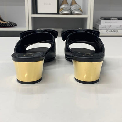 Chanel CC Logo Leather Ribbon Sandals Black