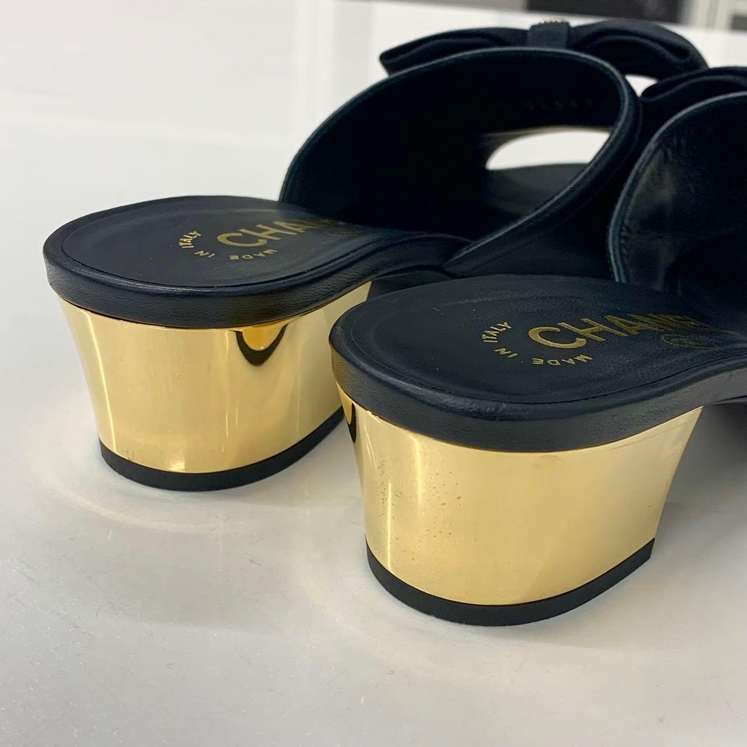 Chanel CC Logo Leather Ribbon Sandals Black