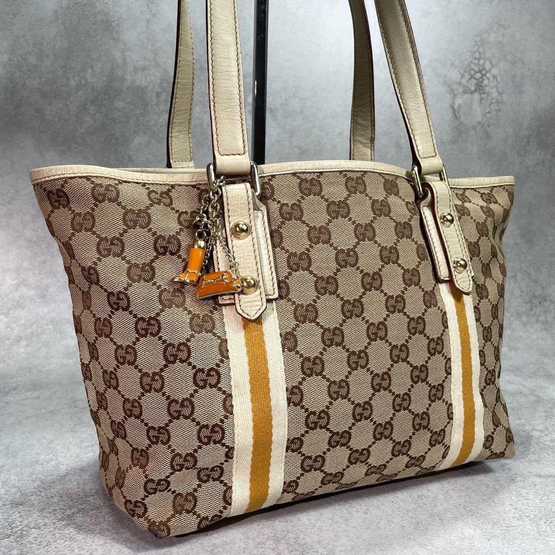 Gucci GG Tote Bag Sherry Line Brown Leather Charm
