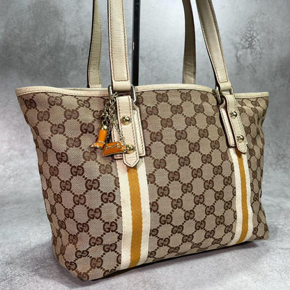 Gucci GG Tote Bag Sherry Line Brown Leather Charm