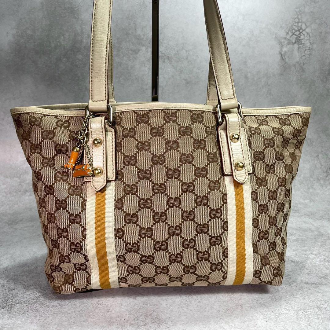 Gucci GG Tote Bag Sherry Line Brown Leather Charm — view 2