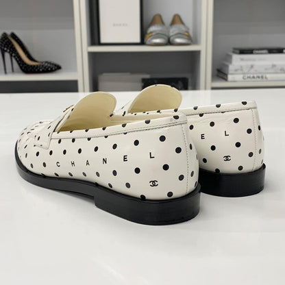 Chanel CC Logo Leather Dot Loafers White Black — view 4