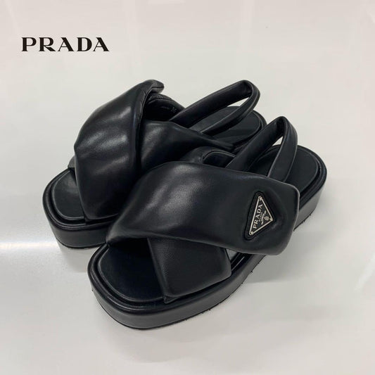 Prada Logo Padded Nappa Leather Platform Sandals Black