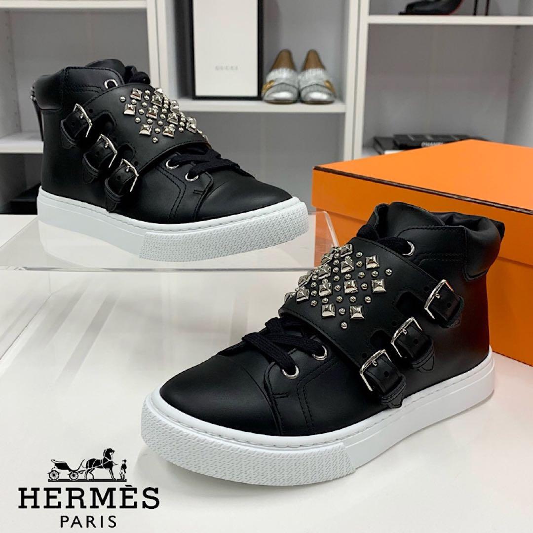 Unused Hermes Hanky ​​leather Studded High Cut Sneakers Black