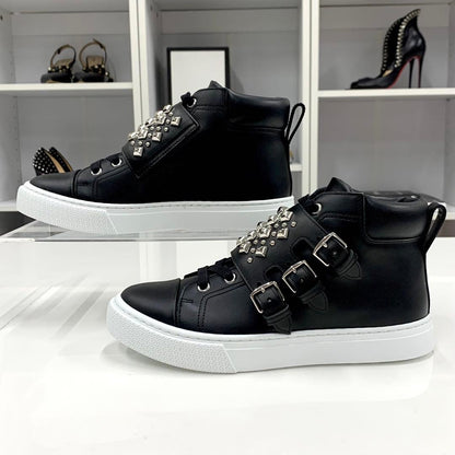 Unused Hermes Hanky ​​leather Studded High Cut Sneakers Black