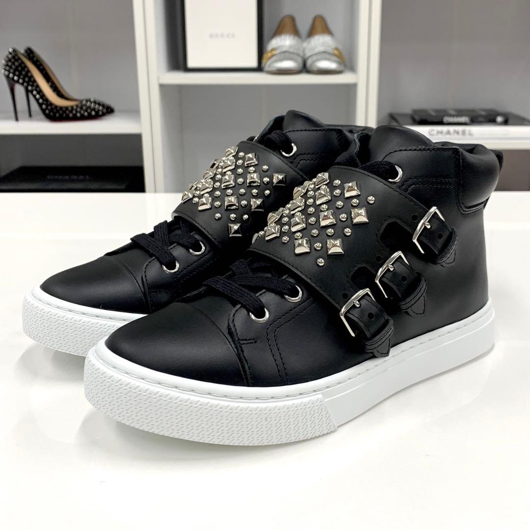 Unused Hermes Hanky ​​leather Studded High Cut Sneakers Black