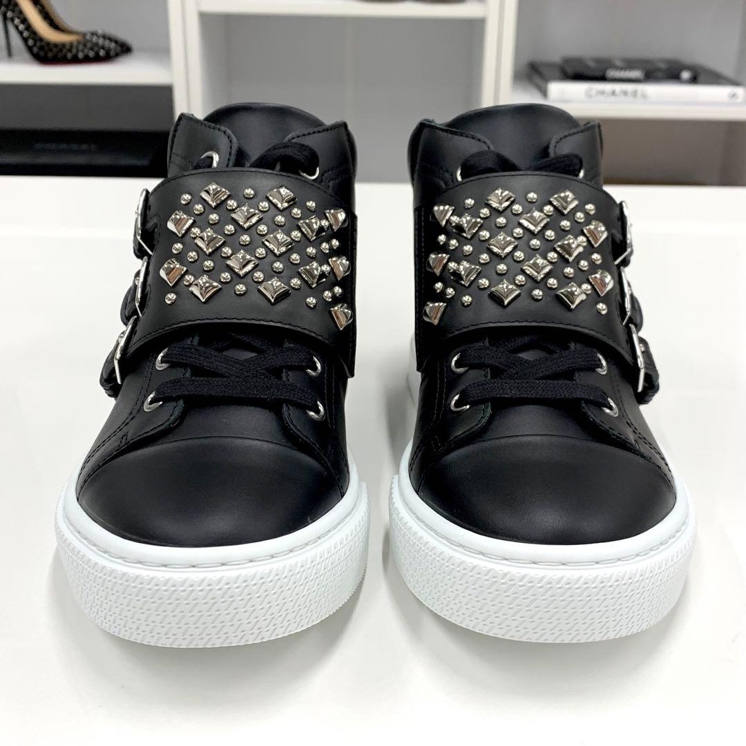 Unused Hermes Hanky ​​leather Studded High Cut Sneakers Black