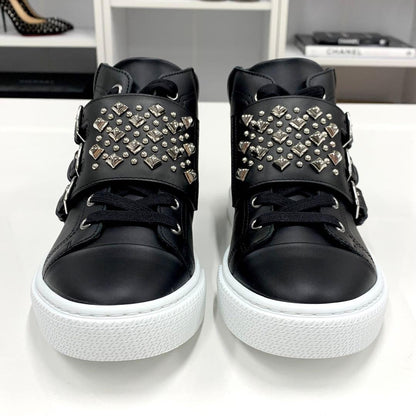 Unused Hermes Hanky ​​leather Studded High Cut Sneakers Black