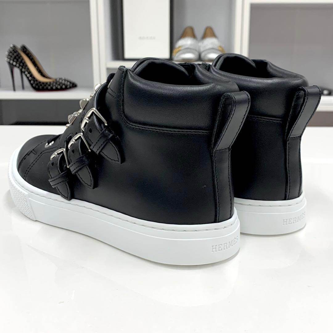 Unused Hermes Hanky ​​leather Studded High Cut Sneakers Black