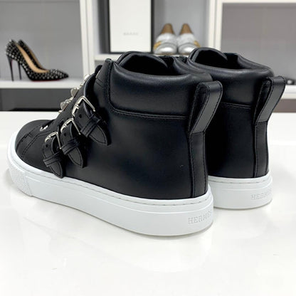 Unused Hermes Hanky ​​leather Studded High Cut Sneakers Black