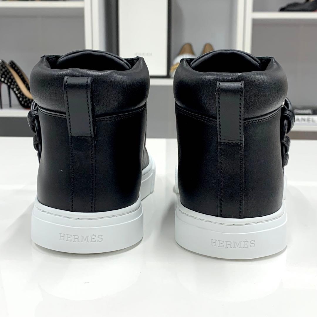 Unused Hermes Hanky ​​leather Studded High Cut Sneakers Black