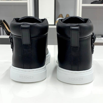 Unused Hermes Hanky ​​leather Studded High Cut Sneakers Black
