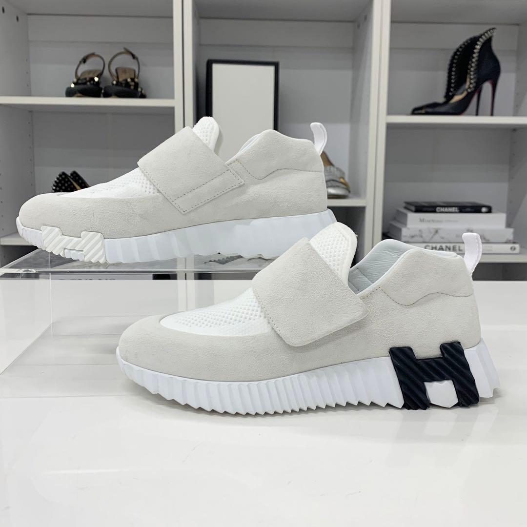 Hermes H Suede Fabric Velcro Sneakers White
