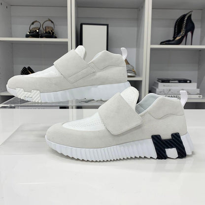 Hermes H Suede Fabric Velcro Sneakers White