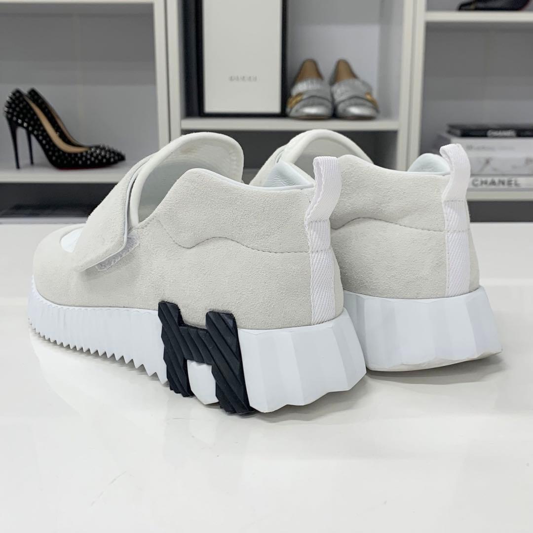 Hermes H Suede Fabric Velcro Sneakers White