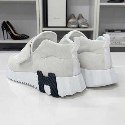 Hermes H Suede Fabric Velcro Sneakers White