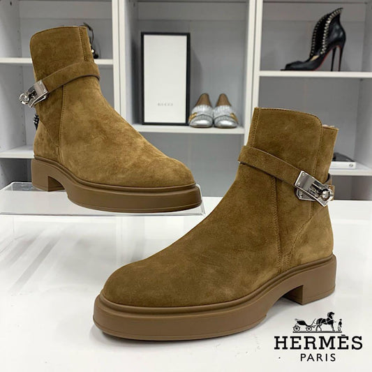 Hermes Veo Suede Kelly Hardware Shearling Boots Brown