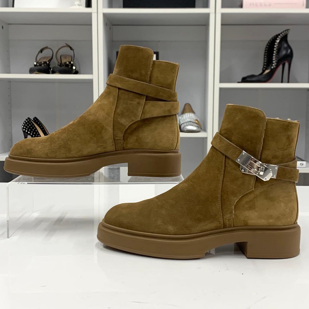 Hermes Veo Suede Kelly Hardware Shearling Boots Brown