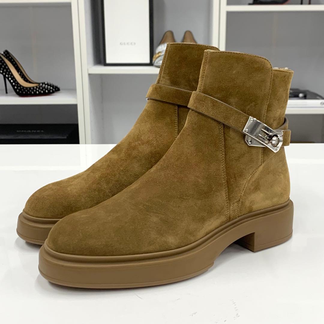 Hermes Veo Suede Kelly Hardware Shearling Boots Brown