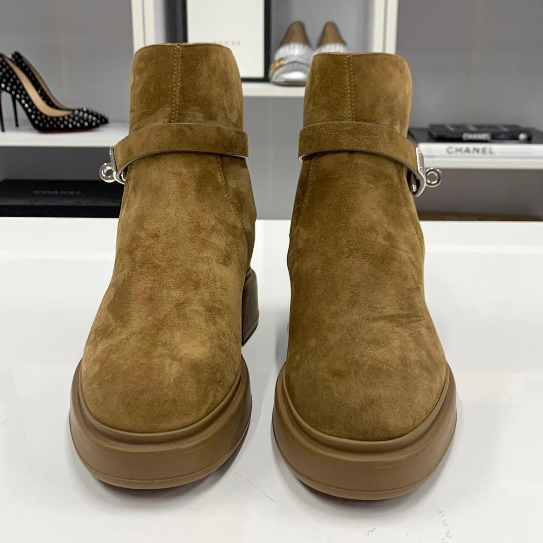 Hermes Veo Suede Kelly Hardware Shearling Boots Brown