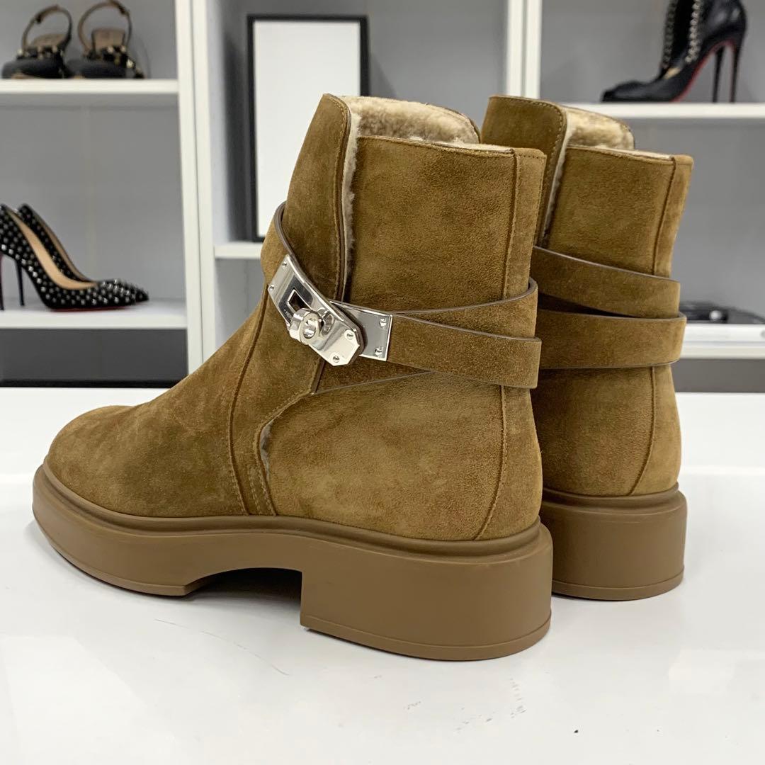 Hermes Veo Suede Kelly Hardware Shearling Boots Brown
