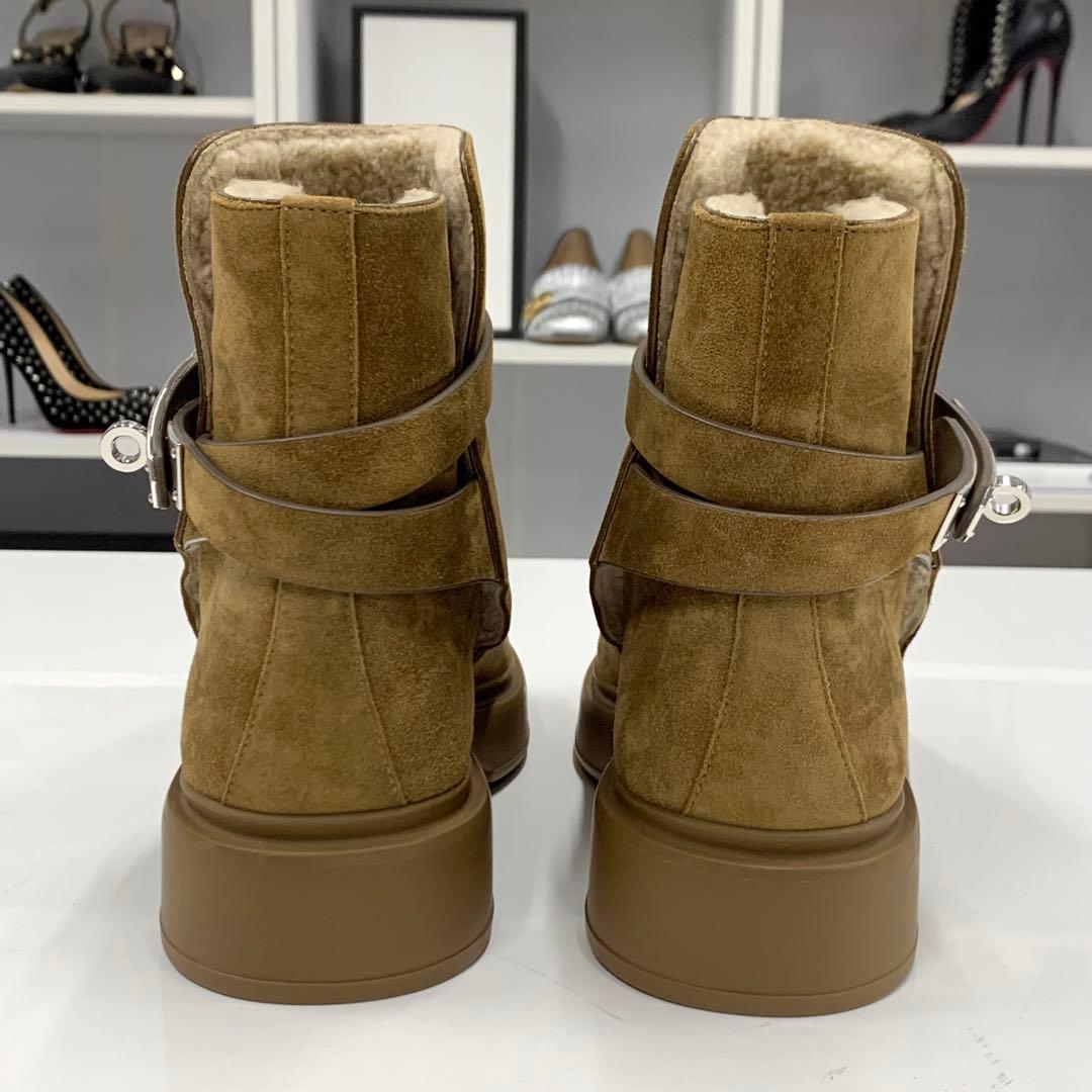 Hermes Veo Suede Kelly Hardware Shearling Boots Brown