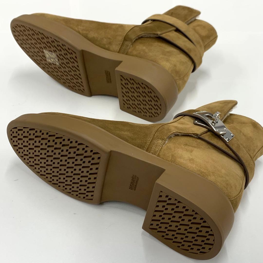 Hermes Veo Suede Kelly Hardware Shearling Boots Brown