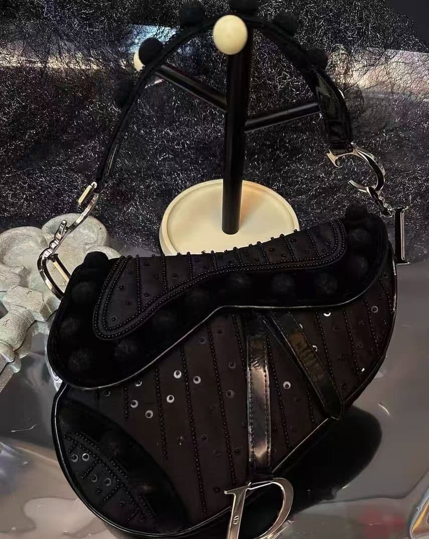 Dior Saddle Bag Pom Beads Black