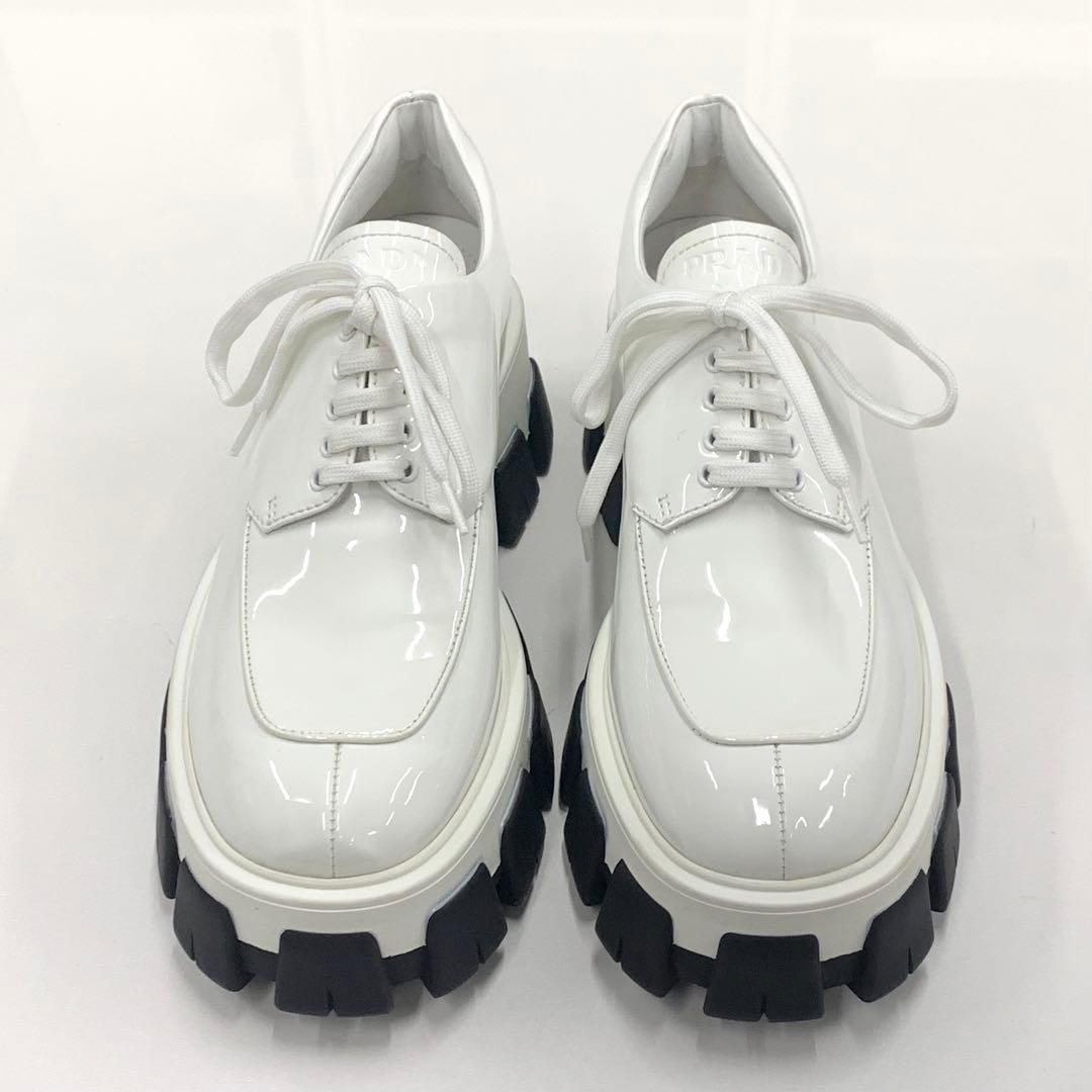 Prada Patent Platform Lace Up Shoes White