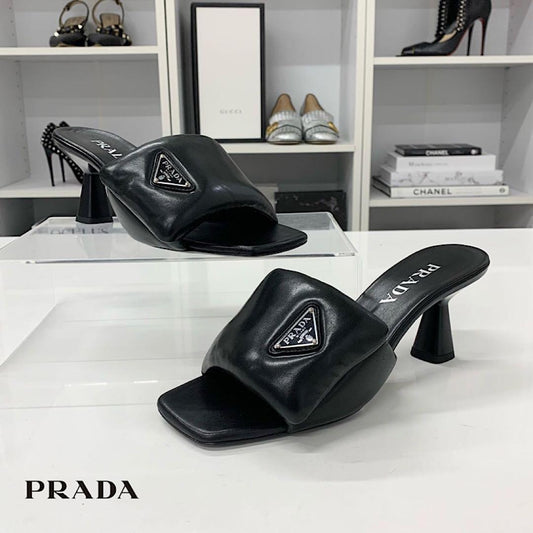 Prada Triangle Logo Padded Nappa Leather Sandals Black