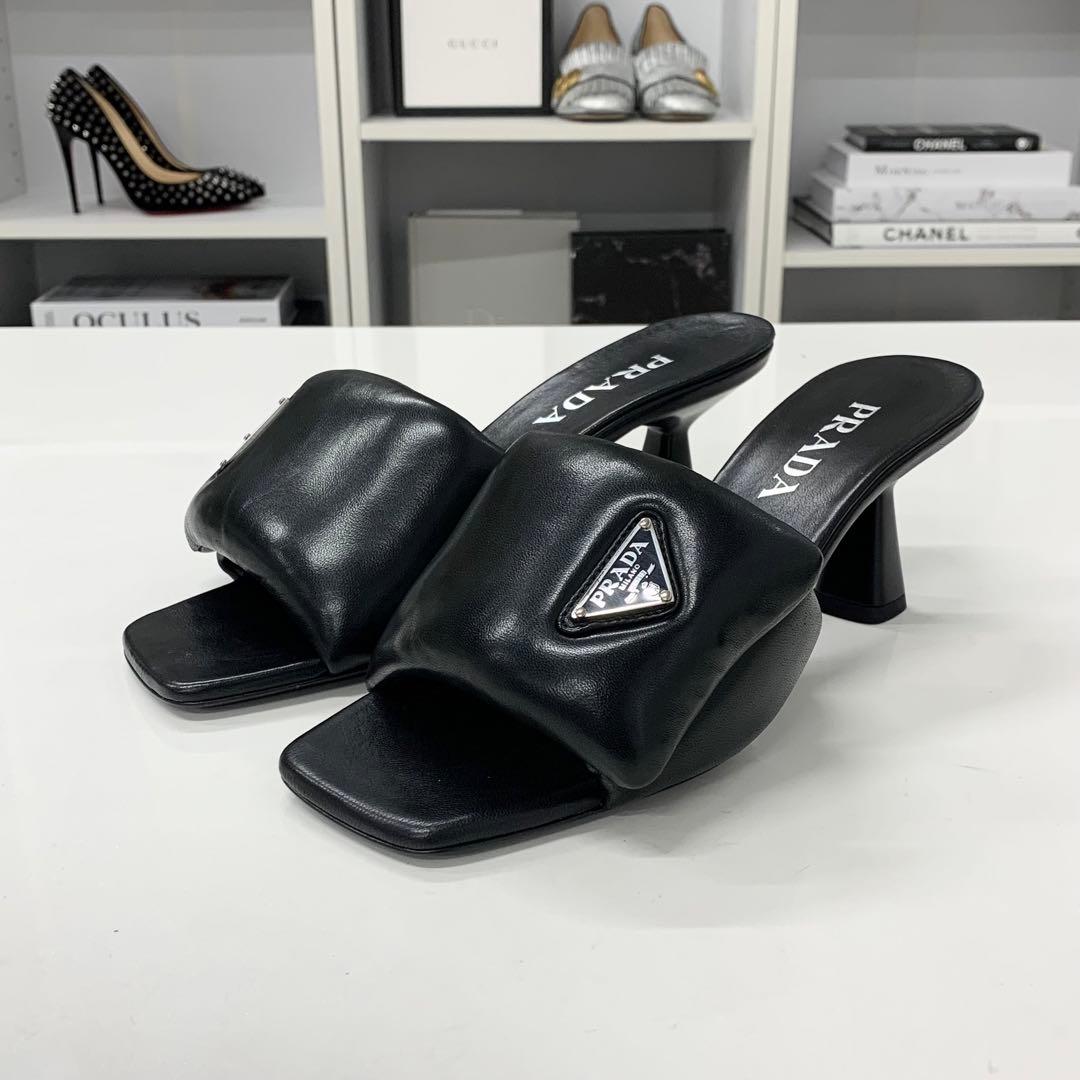 Prada Triangle Logo Padded Nappa Leather Sandals Black — view 3