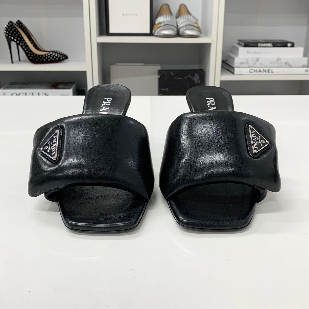 Prada Triangle Logo Padded Nappa Leather Sandals Black — view 4