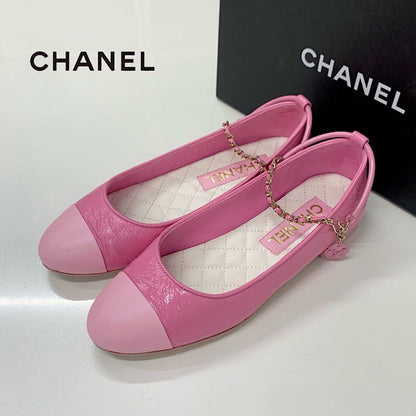 Chanel CC Logo Camellia Leather Chain Strap Flat Shoes